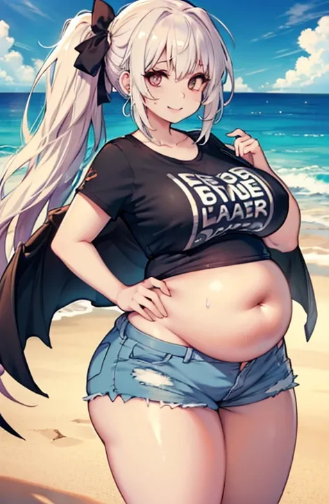 anime illustration、mais alta qualidade、Uma estudante baixa e rechonchuda、Camiseta curta、Amar viver、shorts curto、praia arenosa、perfect proportions、barriga esmagadoramente grandes,seios pequenos、lindo, Olhos brilhantes、corou、sorriso、tiro de vaqueiro