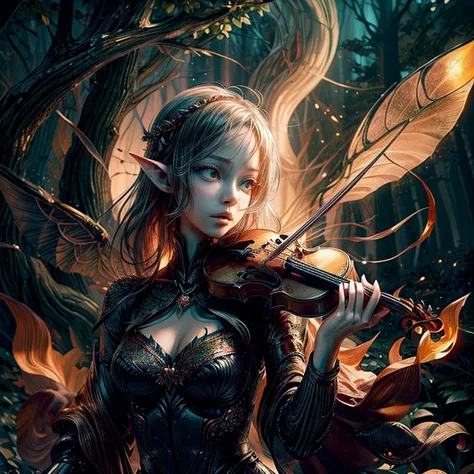 one girl, alone, playing violin, mysterious, elf, 8k wallpaper, super detailed, beautifully、aesthetic, masterpiece, highest qual...