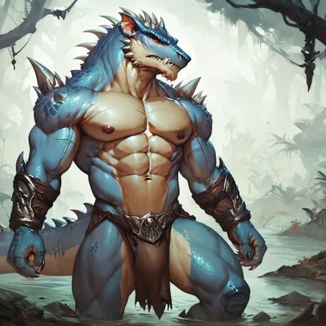 score_9, score_8_up, score_7_up, score_6_up, score_5_up, score_4_up, (solo), male anthro lizardman from warhammer, kroxigor, abs, pecs, swamp background, loincloth, serious