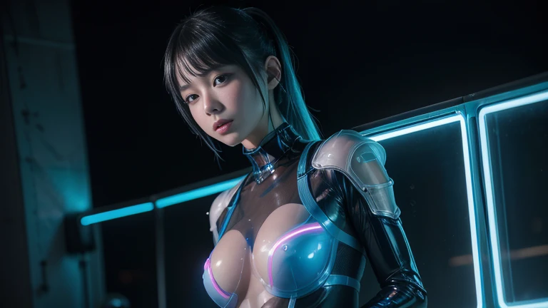 (8k, RAW Photos, highest quality, masterpiece:1.2), (Realistic, photo-Realistic:1.37),(Japanese female models), (Blue Neon),(cyber punk),Wearing a see-through transparent rubber suit,