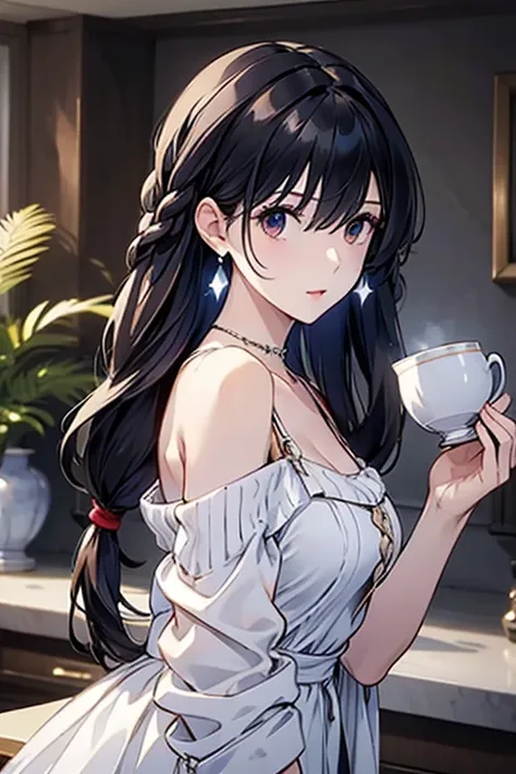 masterpiece, yor, 1girl, Amazing Cleavage:1.3, thin waist, big ass, Raised sexy, medium breast: 1.8 posed cleavage:1.2、solo, looking at viewer, open mouth, have a cup of coffee,black hair, red eyes, dress, bare shoulders, jewelry, collarbone, sidelocks, ha...