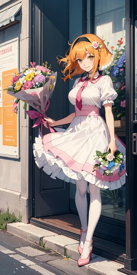 ((roxanne)) ((woman dressed holding flowers and flowers near a store window)) 1girl, flower, solo (dog fluffy ears) [[orange hai...