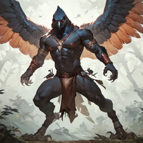 score_9, score_8_up, score_7_up, score_6_up, score_5_up, score_4_up, (solo), male anthro crow, forest background, loincloth, serious, wizard, casting magic, talons, nipples, masculine pose