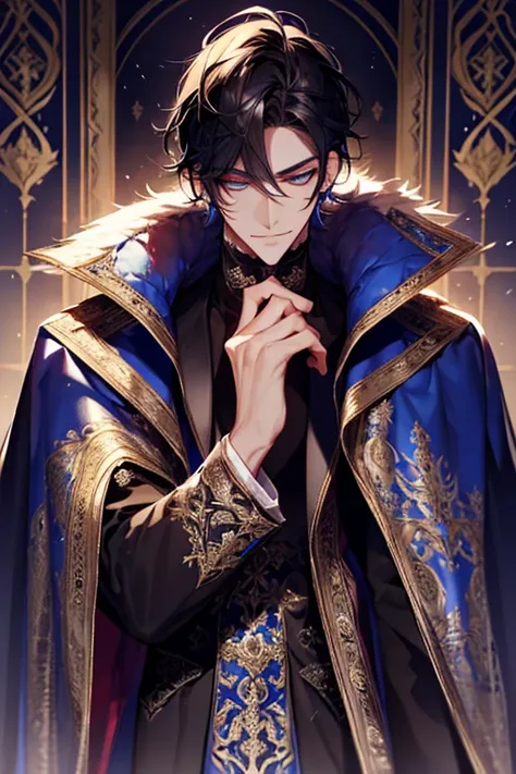 a close up of a person wearing a cape and a cape, wearing fantasy formal clothing, full body, beautiful androgynous prince, ((we...