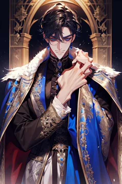 a close up of a person wearing a cape and a cape, wearing fantasy formal clothing, full body, beautiful androgynous prince, ((we...