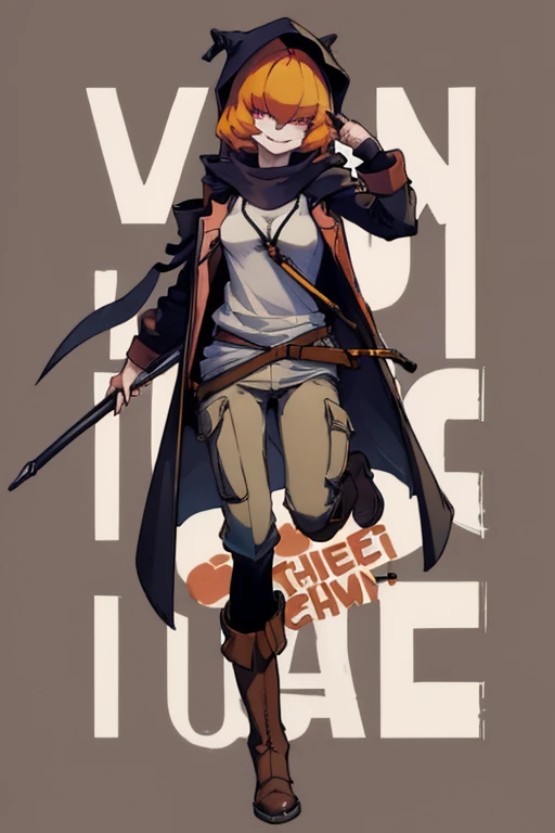 ((highest quality)), ((masterpiece)), (be familiar with),Clementine,Overload,{{nsfw}},Sleeveless hoodie,cargo pants,Bewitching Smile,whole body,boots,Long coat