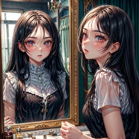 in the mirror there was a girl with long black hair and black eyes