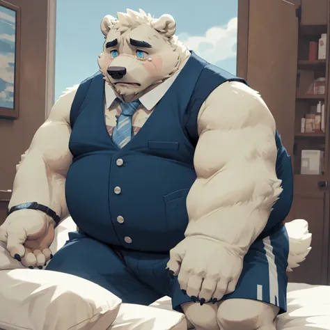 New Jersey 5 Furry,polar bear，portrait,Unique，Exquisite， Chubby，Fat，Thick arms，Rugged muscles，White plush fur，Topless，Chubby脸，Black eyebrows，Sky blue eyes，Beard，shorts，Vest，tie，In the bedroom，Get Down，on the bed，sad，Tears