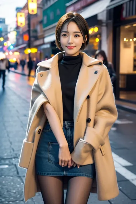 highest quality, 4K, 8k, Detailed face, Clear Face, Cute Girls, Korean Makeup, Red lips, smile, Perfect body,Straight short hair to the shoulders,Small breasts,thigh,slim,thin, The girl is wearing a long, wide coat, Under the jacket was a top tube and pant...