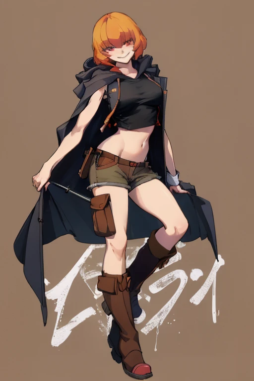 ((highest quality)), ((masterpiece)), (be familiar with),Clementine,Overload,{{nsfw}},Sleeveless hoodie,cargo pants,Bewitching Smile,whole body,boots,Long coat
