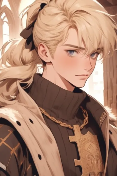 1 male, relaxed, messy blond hair with bangs in a low ponytail, white knight, beautiful, in a castle, medieval fantasy