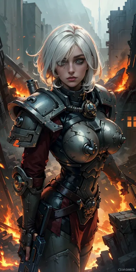 (masterpiece:1.2), (best quality:1.2), perfect eyes, perfect face, perfect lighting, 1girl, mature whsororitas with a laser rifle in her hands, scar over one eye, eyepatch, red tabard, white hair, warhammer 40k, chaos, fire, scifi, detailed ruined city bac...