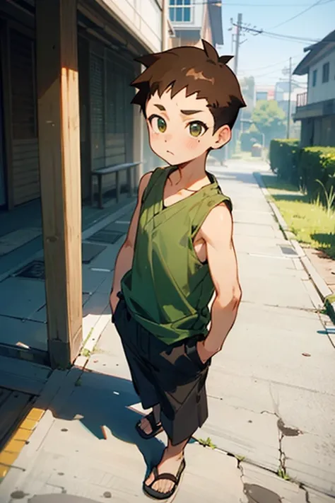 Kawaki,boy,kid,solo,brown hair,sleeveless green shirt,undercut,outdoors