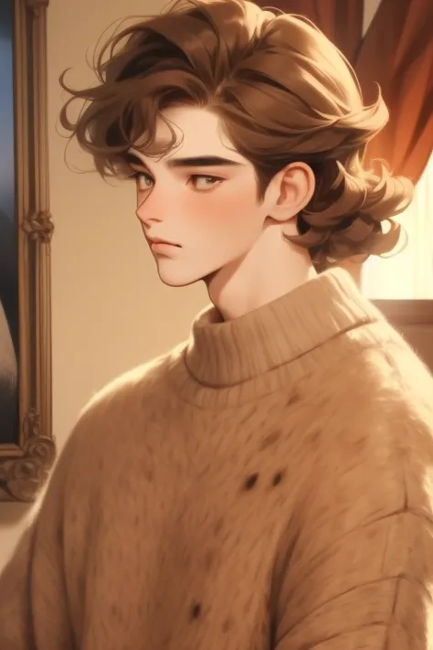 masterpiece, best quality, realistic, 1man, mature male, quiet and charming young man, 16 years old, adorable, closed mouth, portrait, extremely detailed face, soft smile, ((dark amber eyes)), ((short-sides-swept curly light brown hair)), [thick eyebrows],...