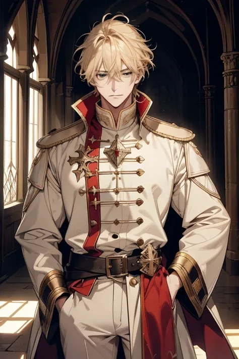 1 male, as-adult, messy blonde hair and bangs, prinz, white  clothes, handsome, dispassionate, the beautiful, condescending, sli...