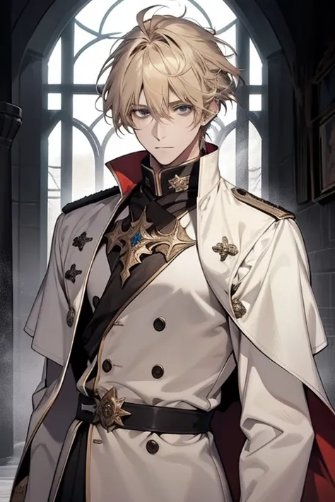 1 male, as-adult, messy blonde hair and bangs, prinz, white  clothes, handsome, dispassionate, the beautiful, condescending, sli...