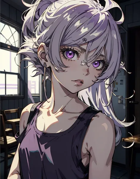 ((masterpiece, best quality)), (1girl, anime girl in retro style),(mature), (solo), (female focus), (grey hair, messy hair, long hair),((pale purple eyes, sharp eyes)) ((exposed shoulder, tank top)), pale skin, evil, vicious, portraits, close up, upper bod...