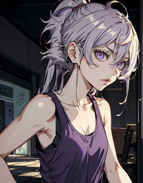 ((masterpiece, best quality)), (1girl, anime girl in retro style),(mature), (solo), (female focus), (grey hair, messy hair, long hair),((pale purple eyes, sharp eyes)) ((exposed shoulder, tank top)), pale skin, evil, vicious, portraits, close up, upper bod...