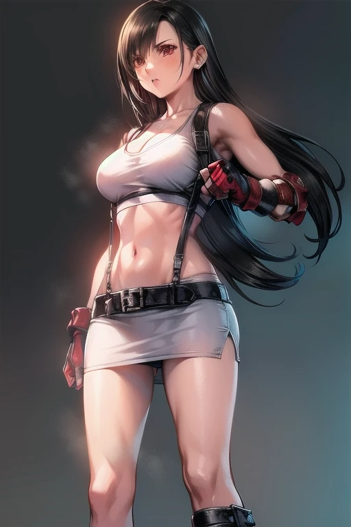 tifa lockhart, 1 Girl, (Low Angle), (Super Detail, best quality), (Look away:1.4), (Serious),  , Huge breasts, Showing cleavage，Perfect body，Her graceful figure, Slim waist，Curve symmetry, , cleveage, (White movement), (red fingerless gloves), (Black penci...