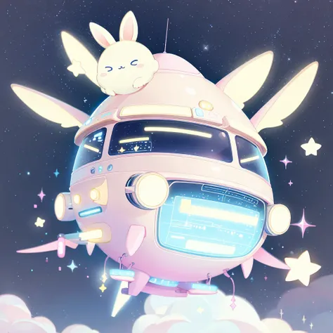 A futuristic flying star-shaped pastel-colored vehicle、❤、★、❤★❤🐇、Spaceship、kawaii tech,No people、rabbit