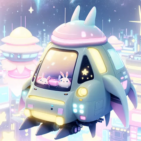 A futuristic flying star-shaped pastel-colored vehicle、❤、★、❤★❤🐇wing、Spaceship、kawaii tech,No people、rabbit