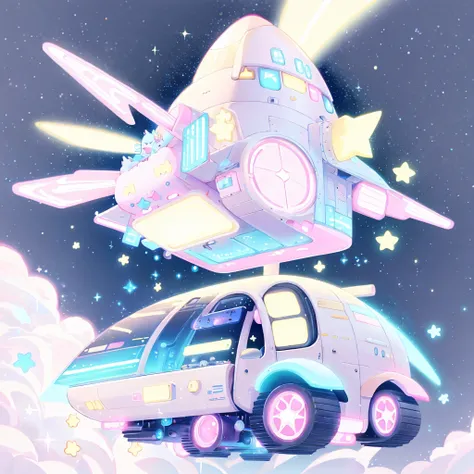 A futuristic flying star-shaped pastel-colored vehicle、❤、★、❤★❤🐇wing、Spaceship、kawaii tech,No people、rabbit