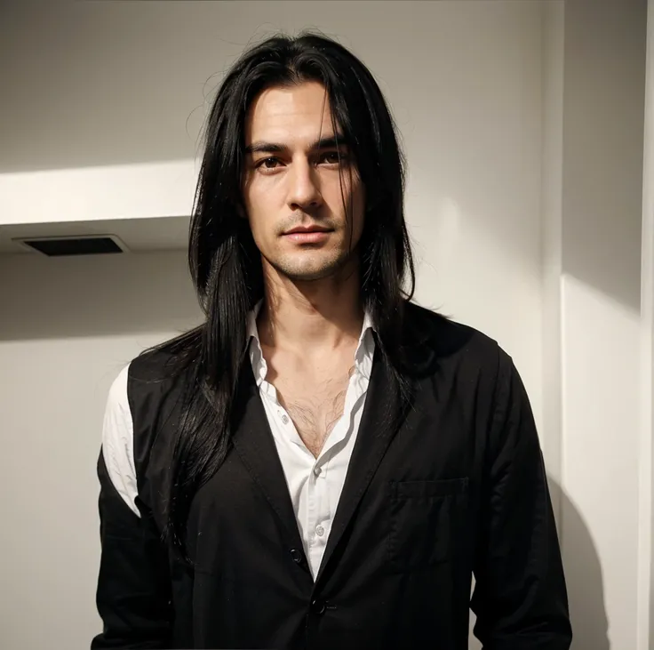 Medium long black hair, white thin tall handsome man