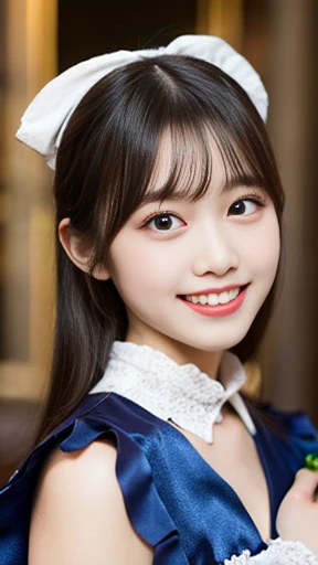 photo realistic, a girl in gold satin dress, 14 yo, pretty face, Lolita Fashion, Colorful frilly satin costume:1.2, smile, Double teeth, detailed Face, detailed Eyes, Drooping eyebrows, blush, break, Bright lighting, diagonal standing pose:1.6, low angle:1...