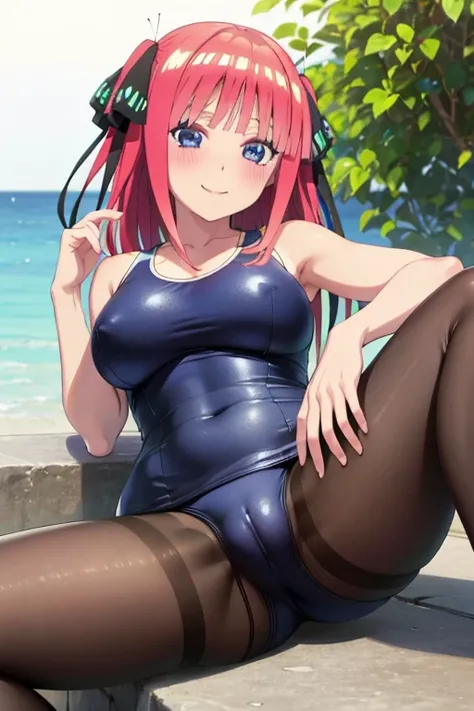 best quality, ultra-detailed masterpiece, anime art style, cute character, nino nakano, large breasts, blush, smile, one-piece swimsuit, pantyhose, pussy focus, open legs