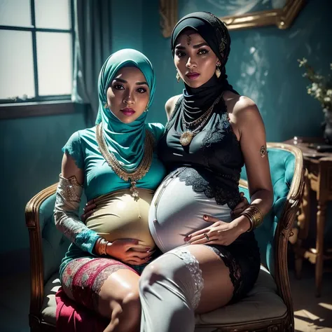 Two:2 Malaysian girl pregnant 9 month ,malay, The whole body consists of a young girl with hijab, Eye makeup, 55 year old model, Cat ears, Soft lighting, Solo, Wear shabby clothes, Dirty, Tattered futuristic military uniform, Cats paw badge, Pose, spot col...