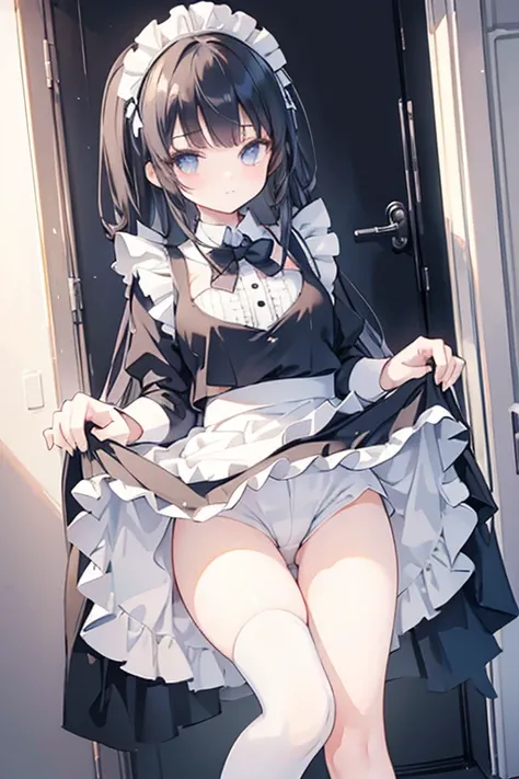 girl, maid uniform, BLAKE wearing a skirt over gothic style short white frill inner Petit Pants, (((lift skirt)))