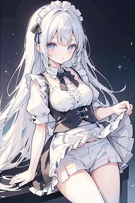 girl, maid uniform, BLAKE wearing a skirt over gothic style short white frill inner Petit Pants, (((lift skirt)))