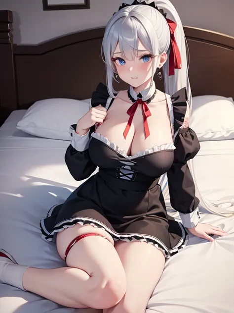 highest quality, Ultra-detailed, figure, Silver Hair, Aimee,, Embarrassing，ponytail,Red ribbon,Mature Face，Beautiful breasts，Suspender skirt，Black maid outfit，bed,Large Breasts,blue eyes,Earrings,Tattoo on shoulder,