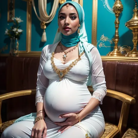 two:2 malaysian girl pregnant 9 month ,malay, the whole body consists of a young girl with hijab, eye makeup, 55 year old model,...