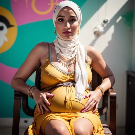 Two:2 Malaysian girl pregnant 9 month ,malay, The whole body consists of a young girl with hijab, Eye makeup, 55 year old model, Cat ears, Soft lighting, Solo, Wear shabby clothes, Dirty, Tattered futuristic military uniform, Cats paw badge, Pose, spot col...