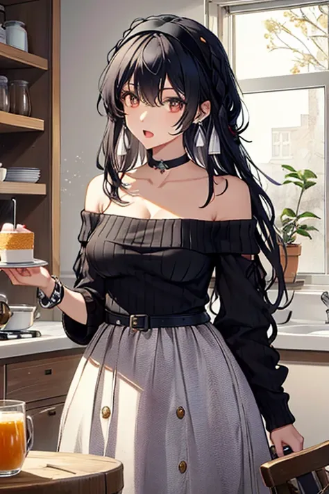 masterpiece, yor, 1girl, Amazing Cleavage:1.3, thin waist, big ass, Raised sexy, medium breast: 1.8 posed cleavage:1.2、solo, looking at viewer, open mouth, have a cup of orange juce,black hair, red eyes, dress, bare shoulders, jewelry, collarbone, sidelock...