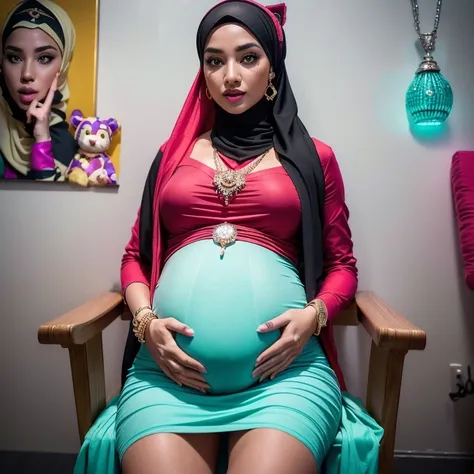 two:2 malaysian girl pregnant 9 month ,malay, the whole body consists of a young girl with hijab, eye makeup, 55 year old model,...