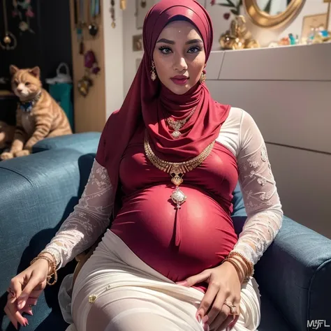 Two:2 Malaysian girl pregnant 9 month ,malay, The whole body consists of a young girl with hijab, Eye makeup, 55 year old model, Cat ears, Soft lighting, Solo, Wear shabby clothes, Dirty, Tattered futuristic military uniform, Cats paw badge, Pose, spot col...