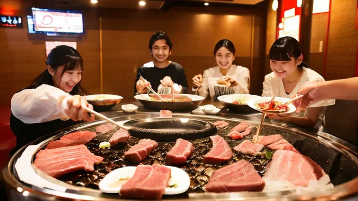 3d animation, japanese yakiniku restaurant, 4-person table, high school girls enjoying yakiniku