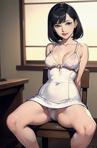 Japanese,Black Hair,50yo,mature sexy woman wearing a white dress sitting on a chair, Short dress,Tight dress,upskirt,White panties,Dim lighting, sexy, hot,Blushed cheeks,blush, Lusty mature woman,Small breasts,erect nipples,(Cum between the breasts),Semen ...