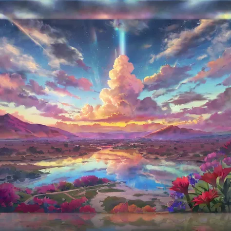 birth,Israel,Colorful,Dreamy landscape, cloud, light piercing through the cloud, Reflection on the surface of the water, Gentle waterfall,flower々,Quiet atmosphere, Richness in details, Surreal beauty, Magical Aura, Fantasy Landscape, High quality digital a...