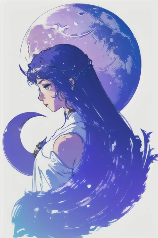 ff logo, White background, simple coloring, Blue and purple gradients, masterpiece, best quality, Intricate details, 1 Girl, Solitary, Crescent Moon，Girl and moon，Amazing women, Delicate, elegant, original, appropriate, - - Side profile, Half Body,