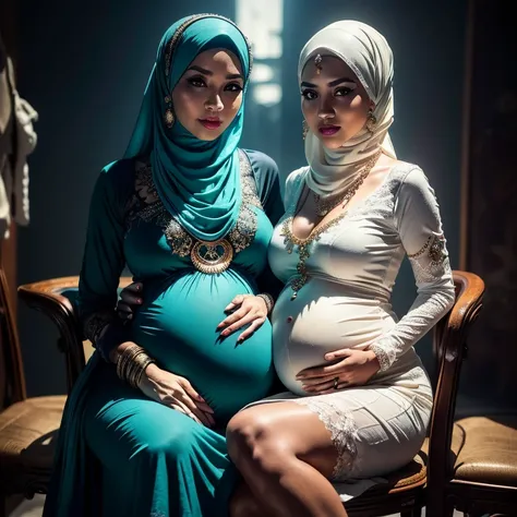 Two:2 Malaysian girl pregnant 9 month ,malay, The whole body consists of a young girl with hijab, Eye makeup, 55 year old model, Cat ears, Soft lighting, Solo, Wear shabby clothes, Dirty, Tattered futuristic military uniform, Cats paw badge, Pose, spot col...