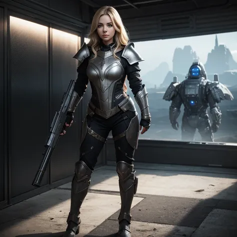 Female in sci-fi armor, full body, gorgeous face, blonde hair, holding a gun, sci-fi background, photorealistic, cinematic style