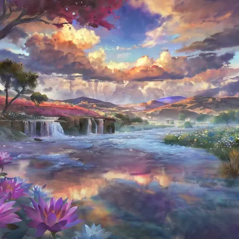 baptism,Israel,Colorful,Dreamy landscape, cloud, light piercing through the cloud, Reflection on the surface of the water, Gentle waterfall,flower々,Quiet atmosphere, Richness in details, Surreal beauty, Magical Aura, Fantasy Landscape, High quality digital...