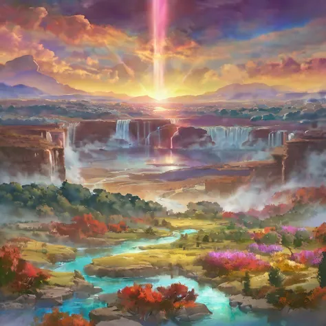 baptism,Israel,Colorful,Dreamy landscape, cloud, light piercing through the cloud, Reflection on the surface of the water, Gentle waterfall,flower々,Quiet atmosphere, Richness in details, Surreal beauty, Magical Aura, Fantasy Landscape, High quality digital...