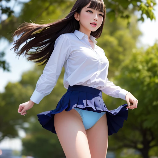 (highest quality、masterpiece、8k、Best image quality、Hyperrealism、Award-winning works)、1 girl、(shout with a surprised face:1.1)、(Shocked facial expression:1.1)、(White shirt with polyester collar:1.2)、(A tight navy pleated skirt swaying in the wind:1.2)、I see...