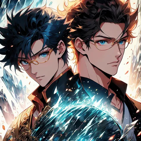 ((best quality、A masterpice))、Two anime handsome men、knights、black  hair、a blond、Blue eyes、Golden Eyes、sirius a and sirius b、Comic art、high quality fanart、from cryptid academia、inspired by Masanobu Okumura、epic anime style、detailed fan art、Akihiko Inoue an...