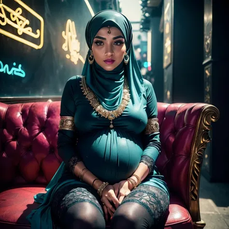 (((Background: masterpiece, high detailed, high quality, empty modern club scene, bar, neon lights))) Two:2 Malaysian girl pregnant 9 month ,malay, The whole body consists of a young girl with hijab, Eye makeup, 55 year old model, Cat ears, Soft lighting, ...