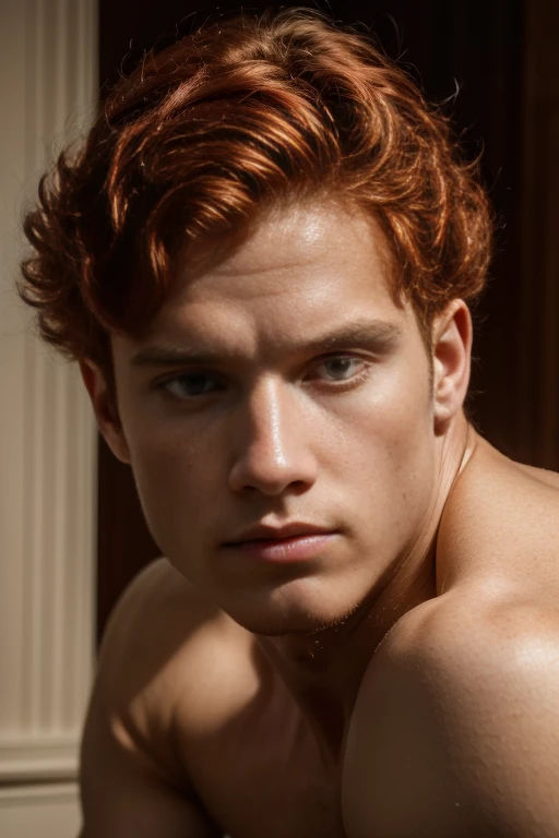 (best quality,4k,8k,highres,masterpiece:1.2),ultra-detailed,(realistic,photorealistic,photo-realistic:1.37),1 male model,albino skin color,red hair, curly red hair, showing armpits,sexy pose,serious face,slim muscular build, model is 17 years old, thick an...